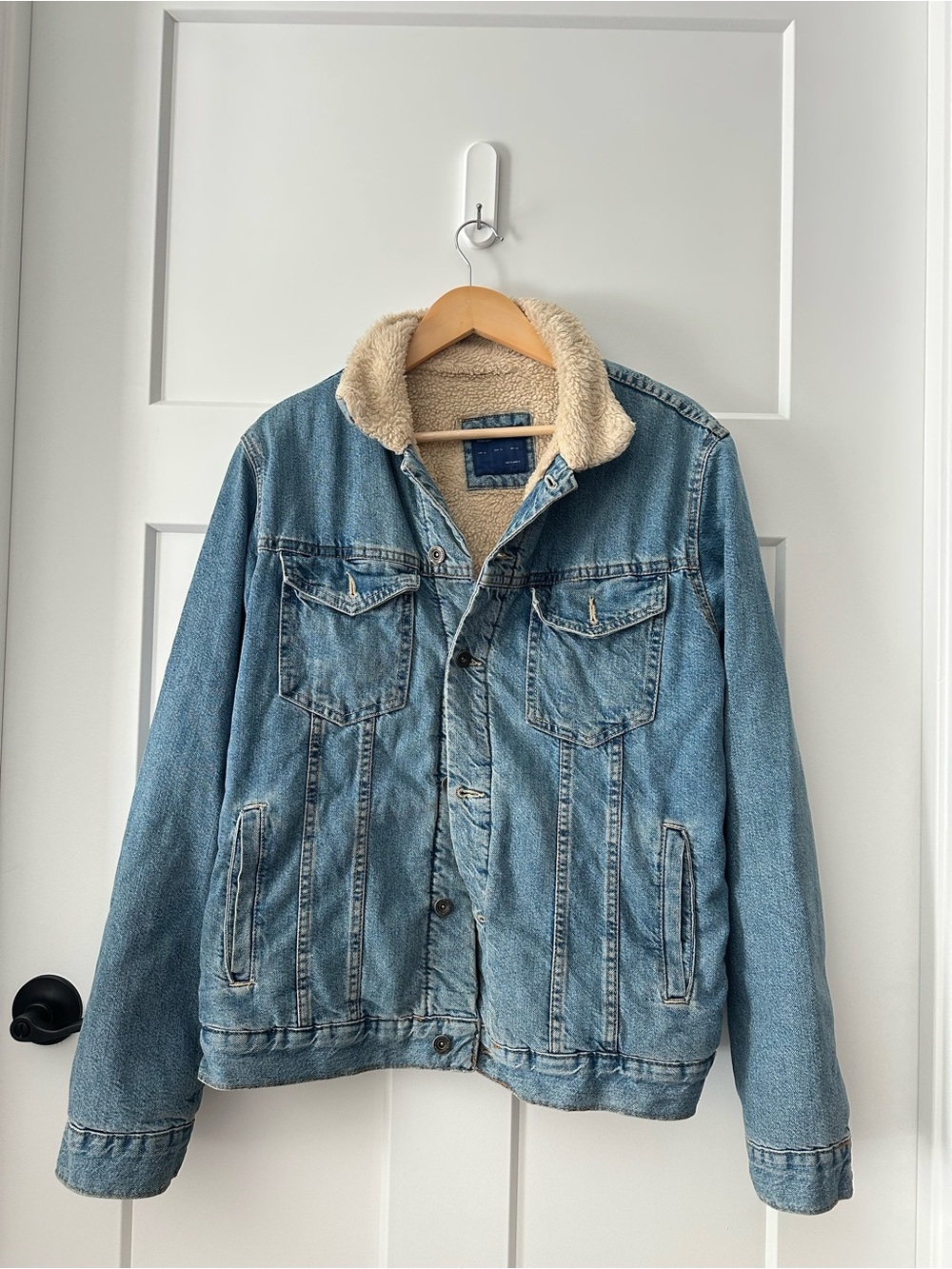 Zara Men's Sherpa-Lined Denim Jacket - Light Blue XL